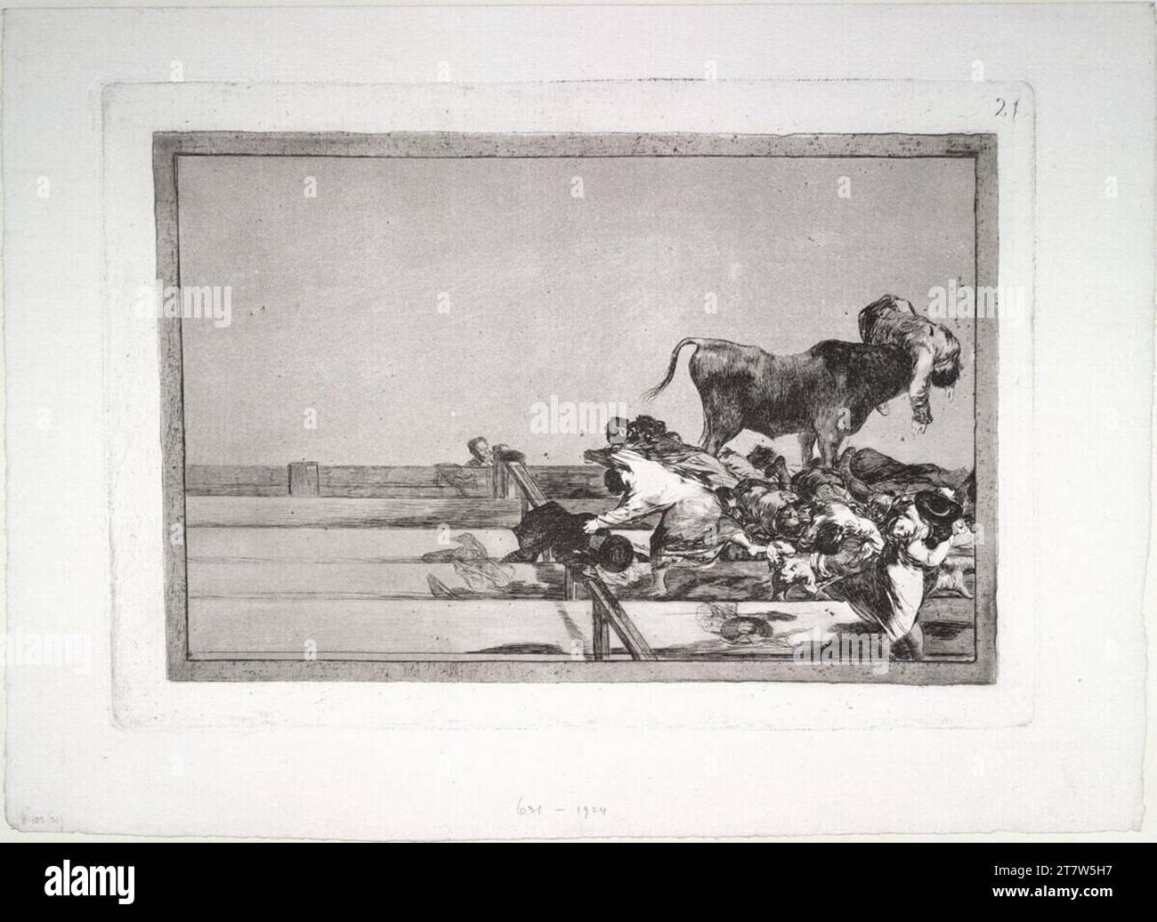 Francisco José de Goya y Lucientes Stierkampf: Unglück bei der Verlegung der Plaza de Madrid und Tod des Bürgermeisters von Torrejón - in den Ersten Reihen der Arena von Madrid Geschehenes Unglück führt alle Bürgermeisters von Torrejón. Ätzung, geschabte Aquatint, Stich 1816 (1. Ausgabe) , 1816 Stockfoto