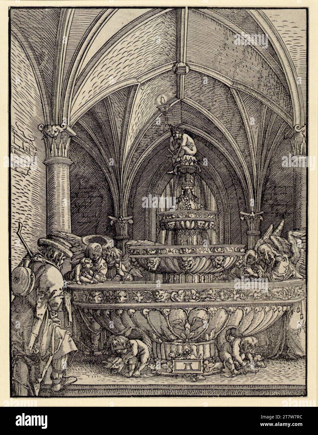 Albrecht Altdorfer die heilige Familie auf einem Brunnen. Holzschnitt um 1512-1515 Stockfoto