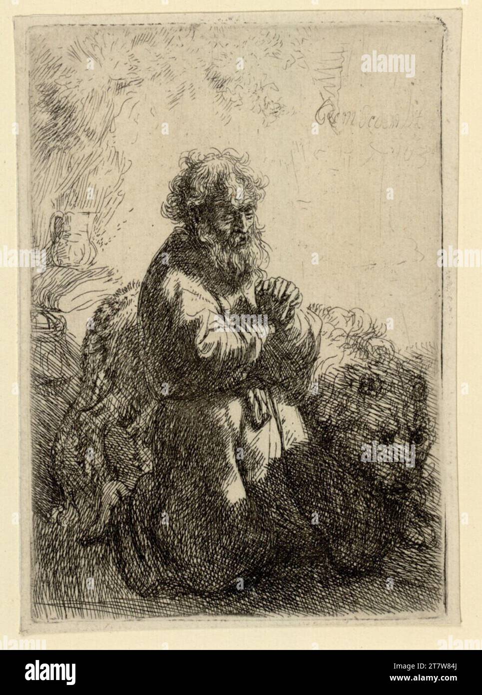 Rembrandt Harmensz. Van Rijn, der Heilige Hieronymus, im Gebet. Ätzen 1635 , 1635 Stockfoto