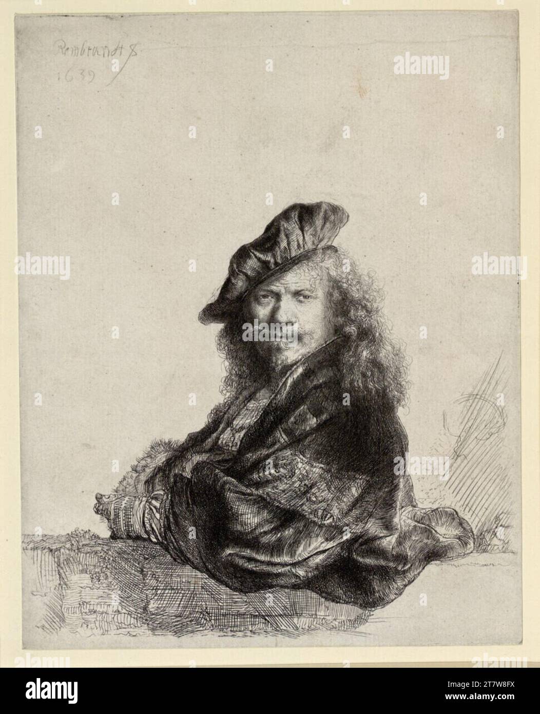 Rembrandt Harmensz. Van Rijn Selbstporträt, gestützt auf eine kleine Steinmauer. Ätzstift, mit Feder und dunkelgrauer Tinte retuschiert 1639 , 1639 Stockfoto