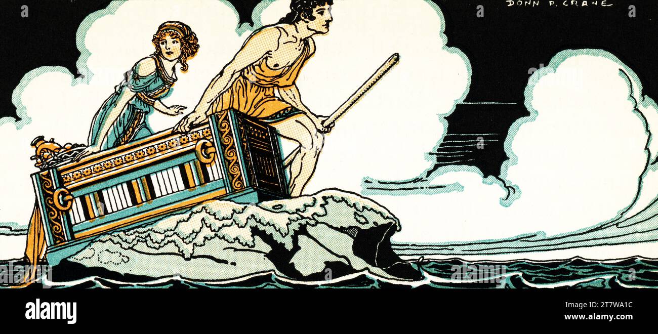 Griechische Geschichte von der Flut. Deucalion und Pyrrha steigen aus der Brust. Von Donn Philip Crane (1878–1944). Die Flut in der Zeit Deukalions wurde durch den Zorn des Zeus verursacht. Deucalion wurde mit Hilfe seines Vaters Prometheus vor dieser Sintflut gerettet, indem er eine Truhe baute. Er benutzte dieses Gerät, um die große Flut mit seiner Frau Pyrrha zu überleben. Als das Wasser nach neun Tagen zurückging, waren er und seine Frau Pyrrha das einzige überlebende Paar von Menschen. Stockfoto