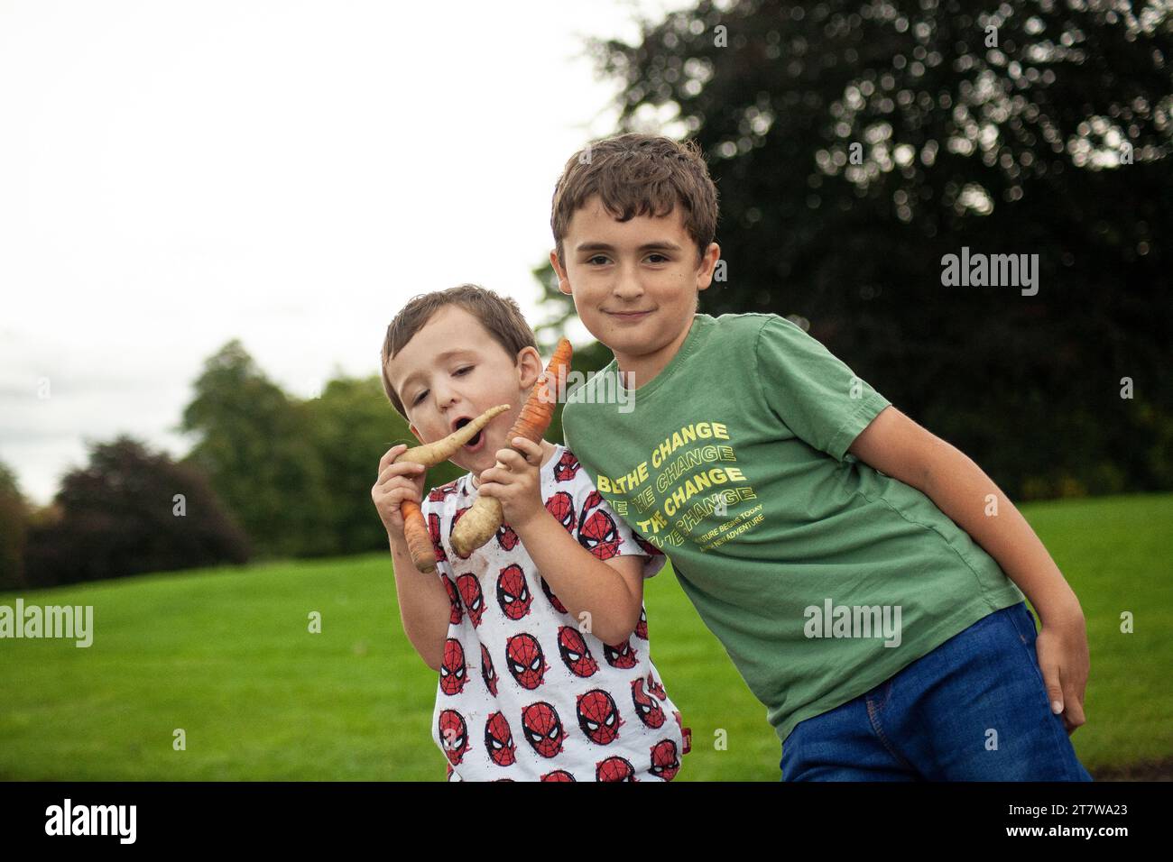 Zwei verspielte Brüder posieren mit Gemüse aus der Region im Park und verwandeln einen einfachen Ausflug in ein vegetarisches Abenteuer. Stockfoto