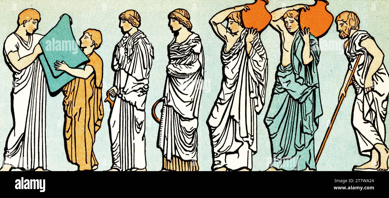 Eine Montage von Figuren aus dem Parthenon-Frieze, Athen, Griechenland. Der Parthenon-Fries ist eine hochreliefartige Penteliskulptur aus Marmor, die geschaffen wurde, um den oberen Teil des Parthenon-Naos zu zieren. Er wurde zwischen 437 v. Chr. und 443 v. Chr. geschaffen, wahrscheinlich unter der Leitung von Phidias (c480–c430 v. Chr.). Stockfoto