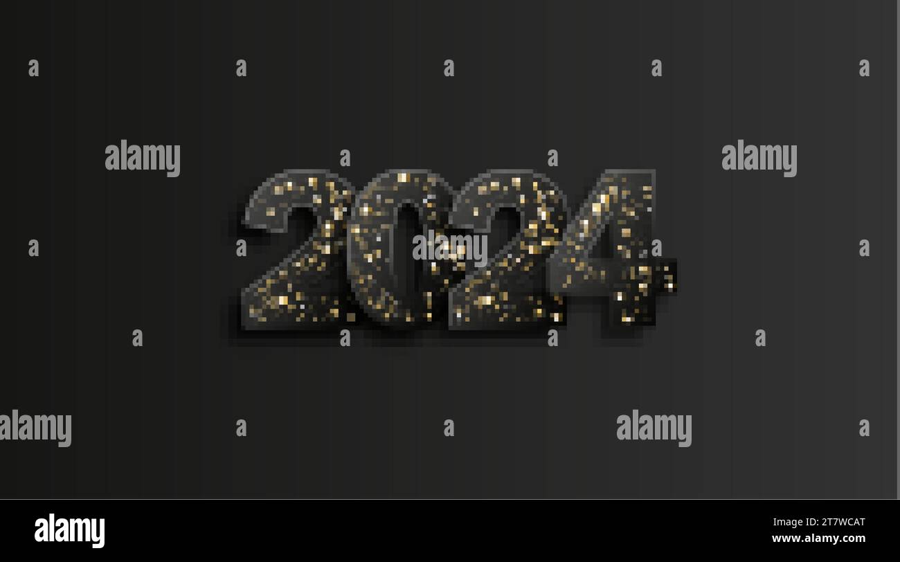 Frohes neues Jahr 2024 mit luxuriöser schwarzer Glitzerzifferung. Stock Vektor