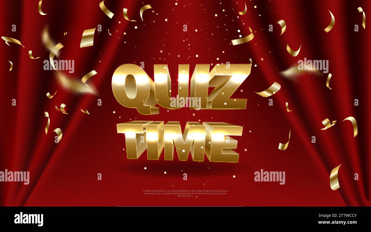 Quiz-Zeitschild mit leuchtenden Lichtern auf roten Samtvorhängen, realistische Vektor-Illustration. Quiz-Spiel Bright Retro Banner Poster Design Vorlage. Stock Vektor