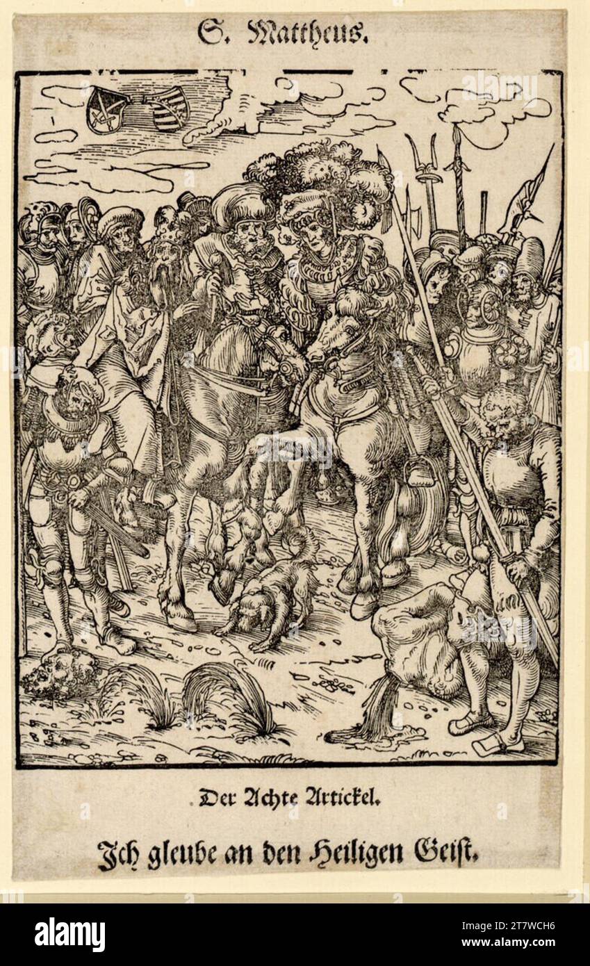 Lucas Cranach d. Ä. Das Martyrium von St. Matthäus (Hollsteindeutsch); das Martyrium von St. Paul (tib). Holzschnitt und Schriftdruck um 1512 (Ausgabe 1539) Stockfoto