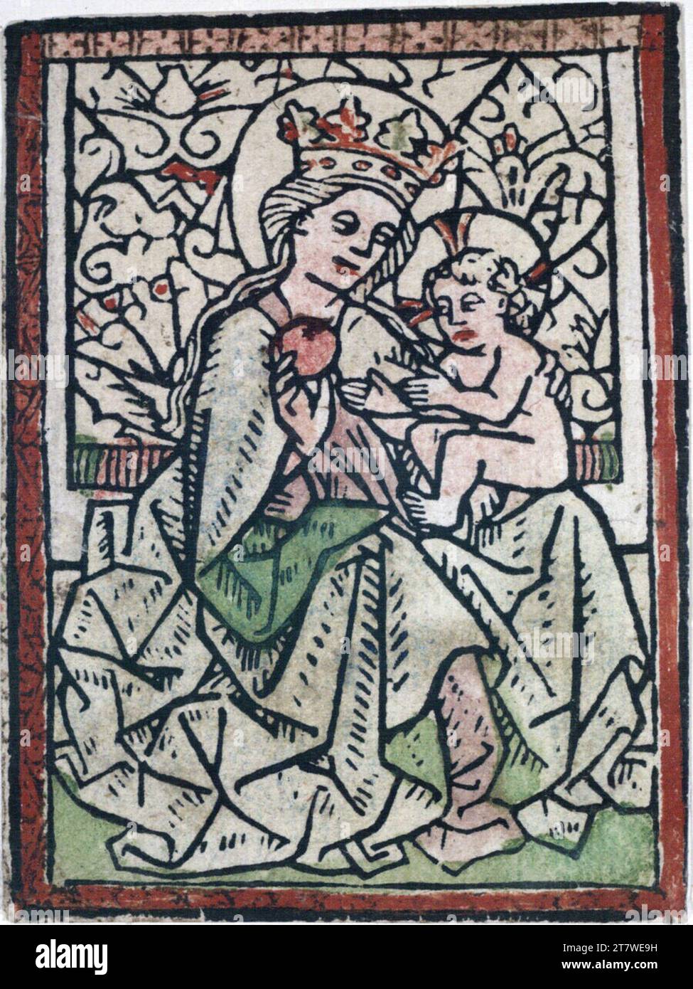 Anonym die sitzende Madonna. Holzschnitt, farbig um 1460 Stockfoto