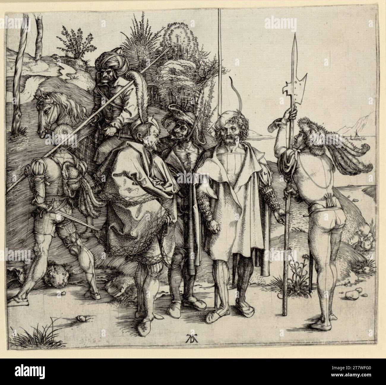 Albrecht Dürer, die sechs Kriegsvolk. Kupferstich; Blatt wird um 1495/96 verkürzt Stockfoto