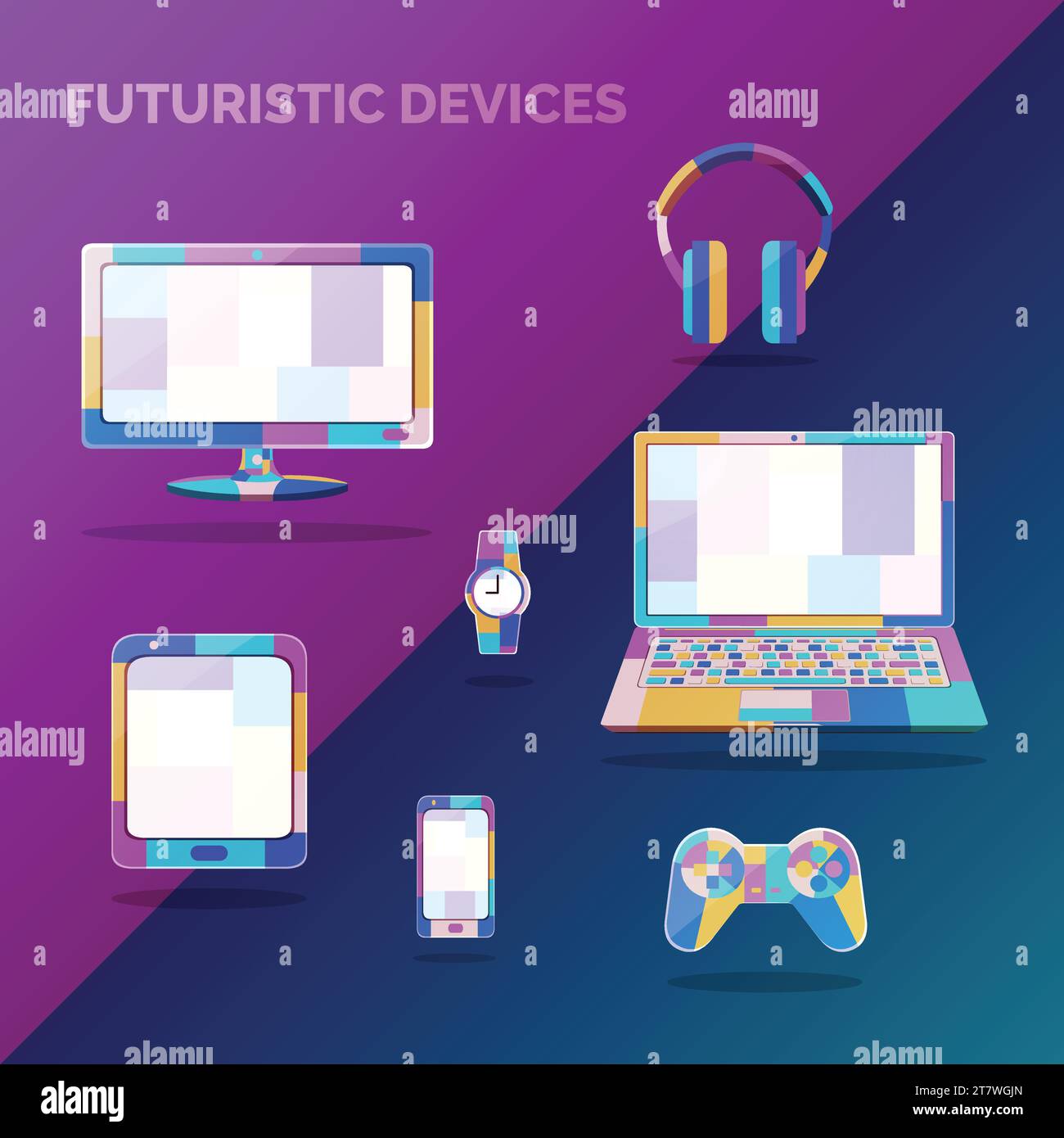 Futuristische, farbenfrohe Elektronikgeräte, Monitorset, Laptop, Tablet, Smartphone, Kopfhörer, Gaming-Controller, Uhr Stock Vektor