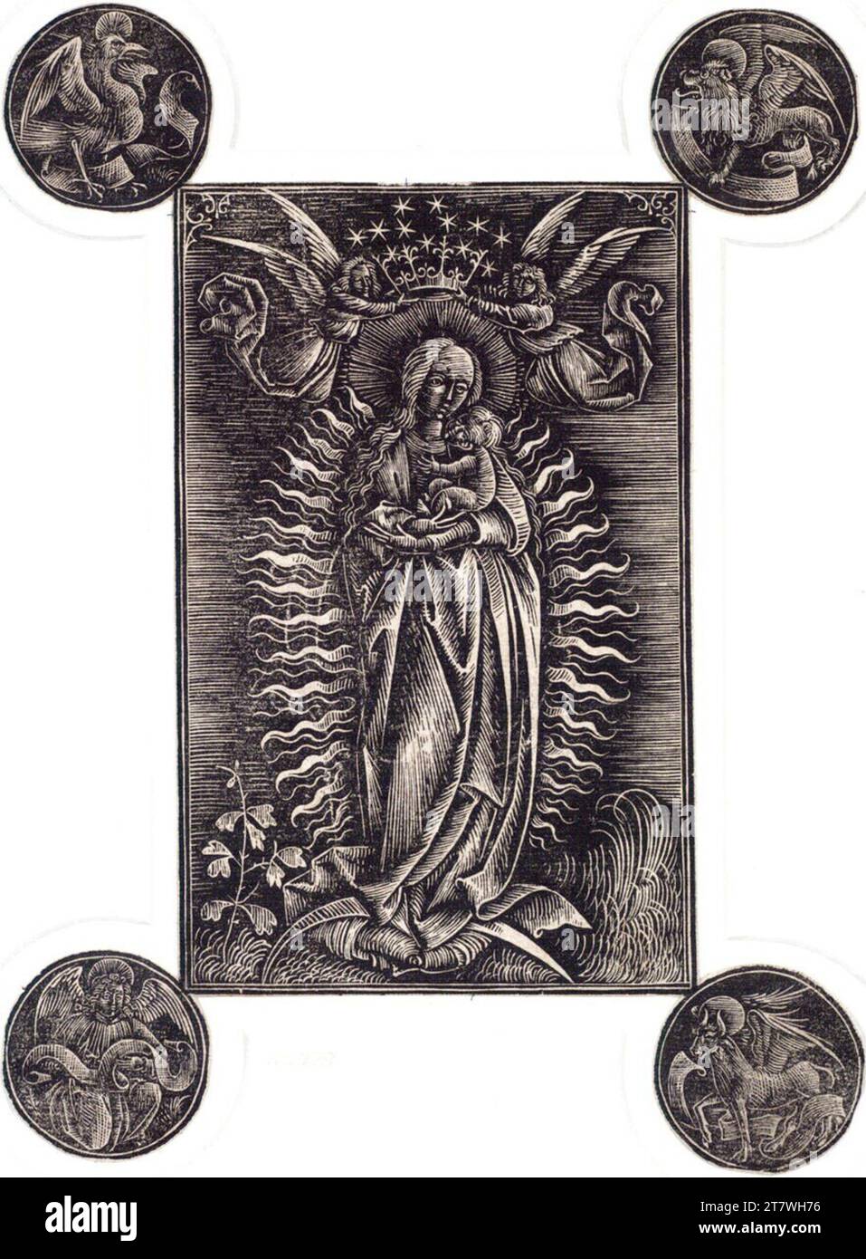 Daniel Hopfer Titelblatt von „Stellarium Corone Benedicte Marie Virginis“: Madonna in Ruhm mit den evangelistischen Symbolen. Weißer Holzschnitt 1502 , 1502 Stockfoto