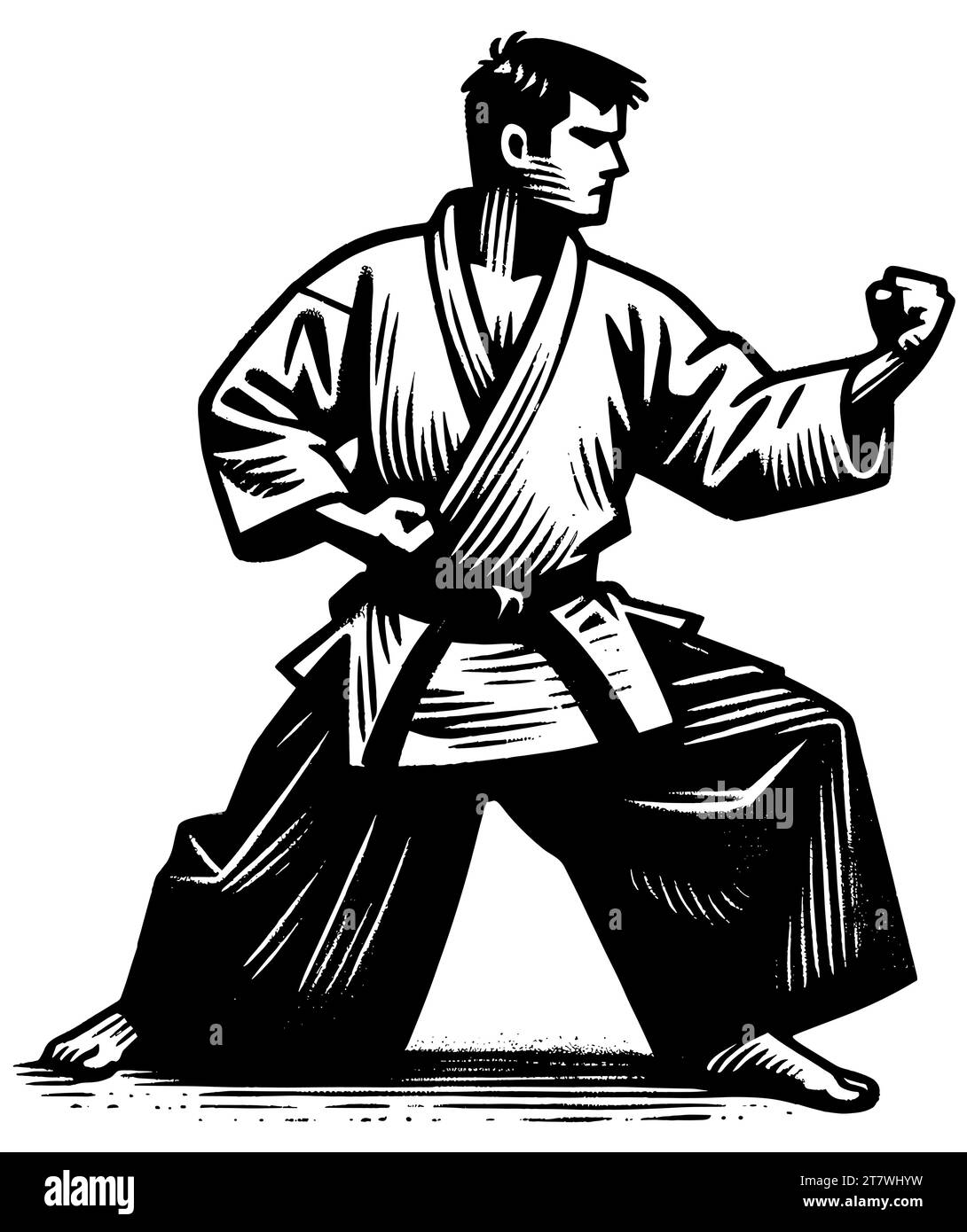 Kampfkünstler in Haltung mit Gi im schwarz-weißen Holzschnitt-Stil. Stock Vektor