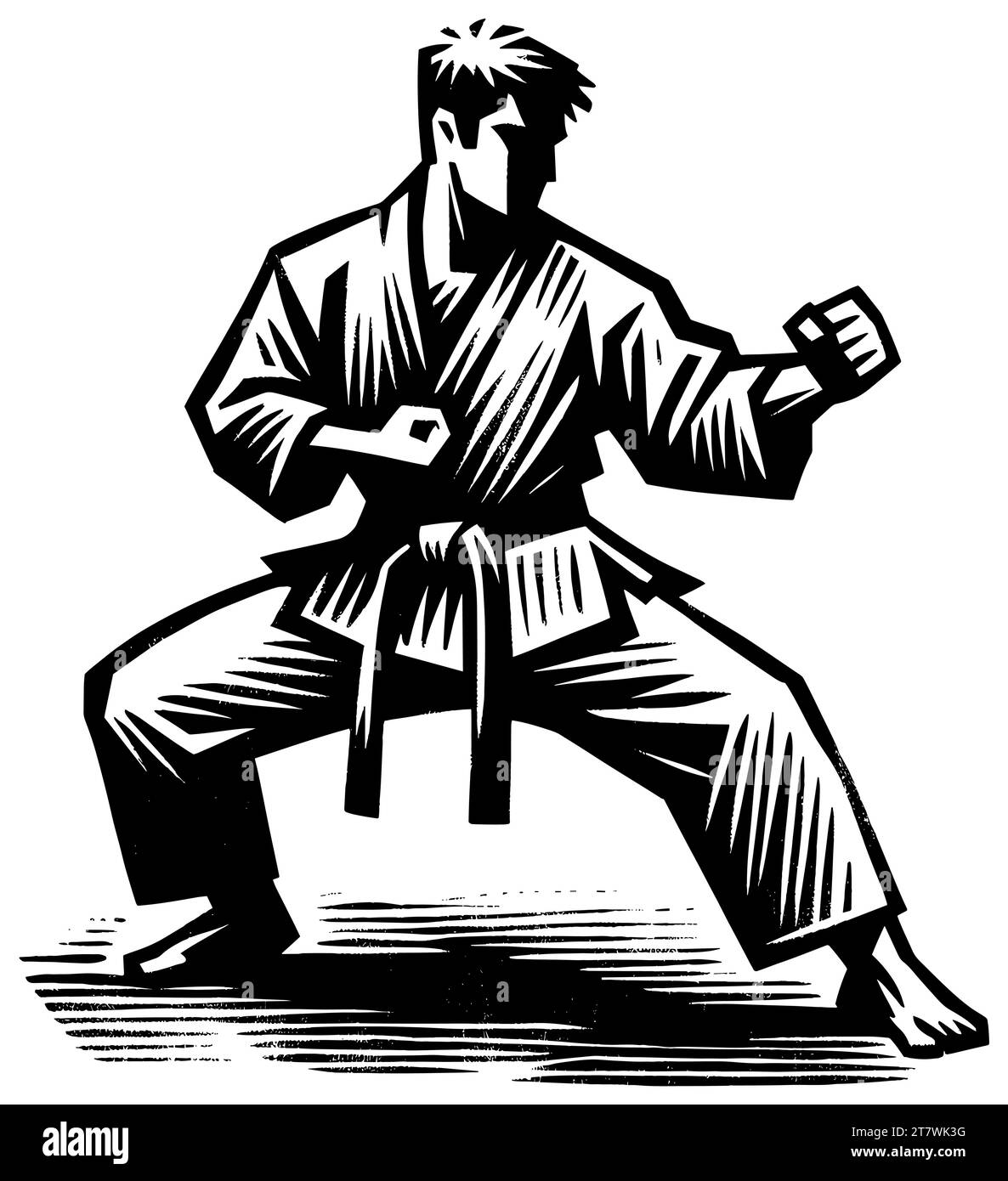 Karate-Praktiker in Haltung, Holzschnitt-Stil, Schwarz und weiß, ausstrahlt Fokus und Kraft aus. Stock Vektor