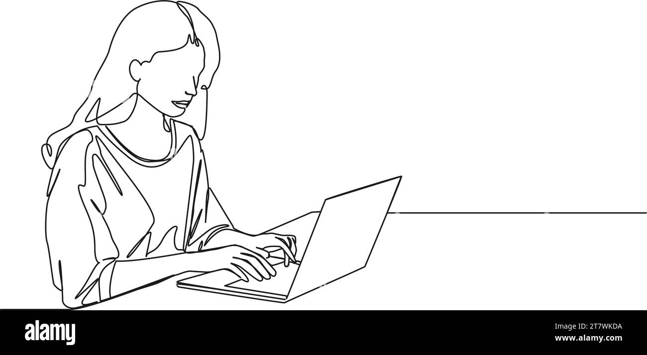 Ununterbrochene einzeilige Zeichnung der Frau mit Laptop-Computer, Linie Art Vektor Illustration Stock Vektor