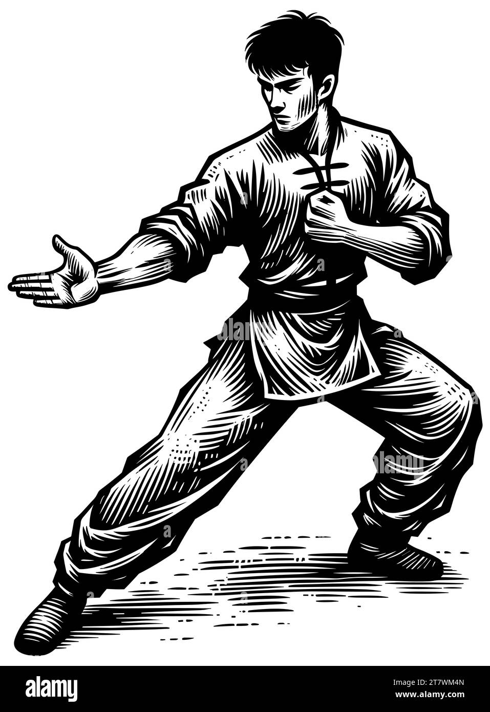 Kung Fu Praktizierende in einer defensiven Pose, Holzschnitt, schwarz-weiß. Stock Vektor