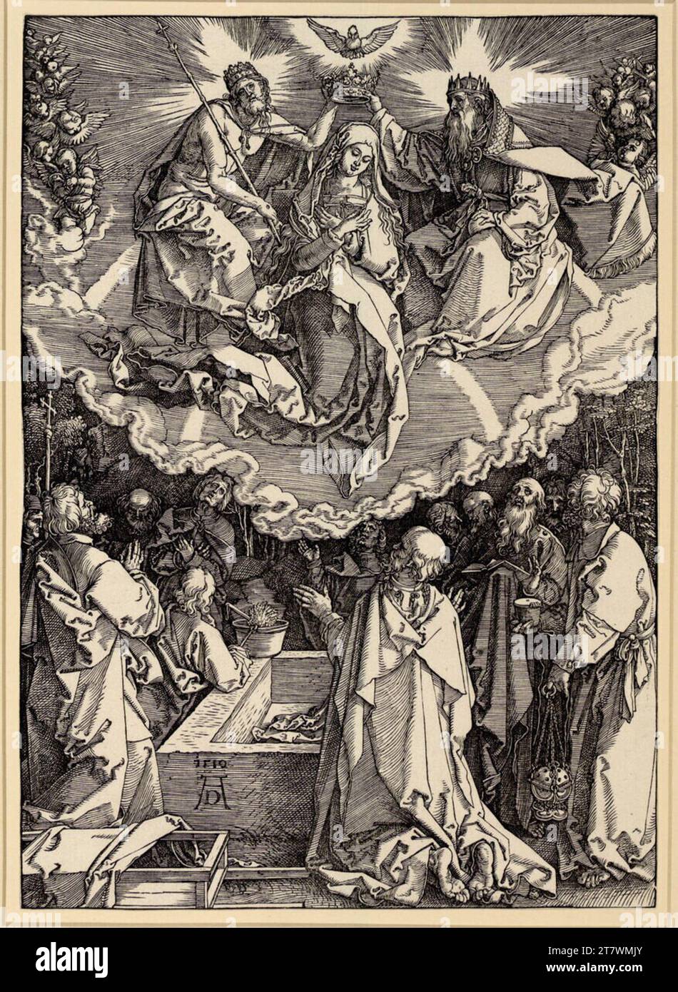 Albrecht Dürer Himmelfare und die Krönung (Marienleben, 19). Holzschnitt; das Blatt wird bis zum Rand der Platte 1510 , 1510 geschnitten Stockfoto