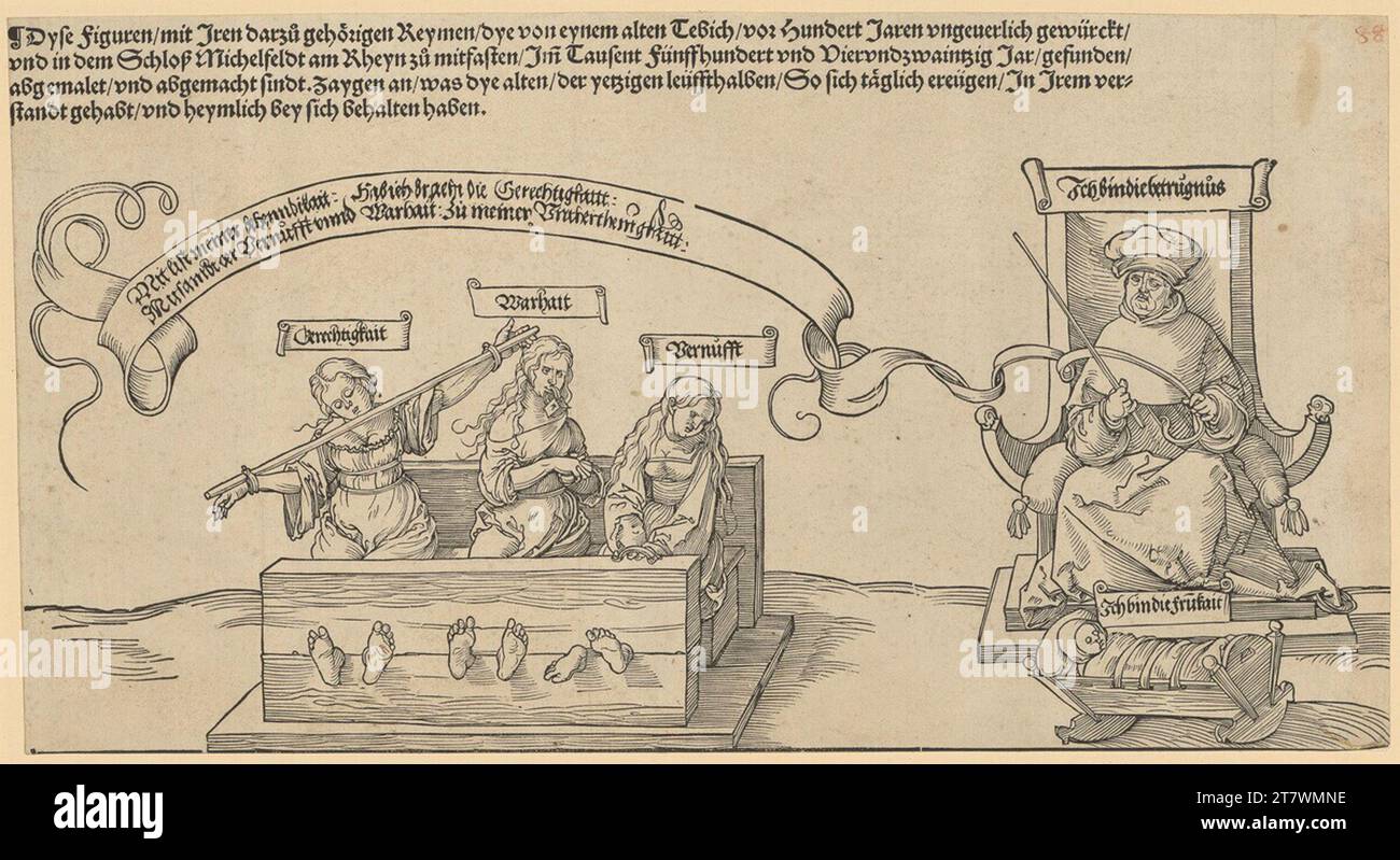 Albrecht Dürer der Teppich von Michelfeld; Mittlerer Teil: gerechtigkeit, Wahrheit und Vernunft im Block. Holzschnitt; Blatt wird nach 1521 gekürzt Stockfoto