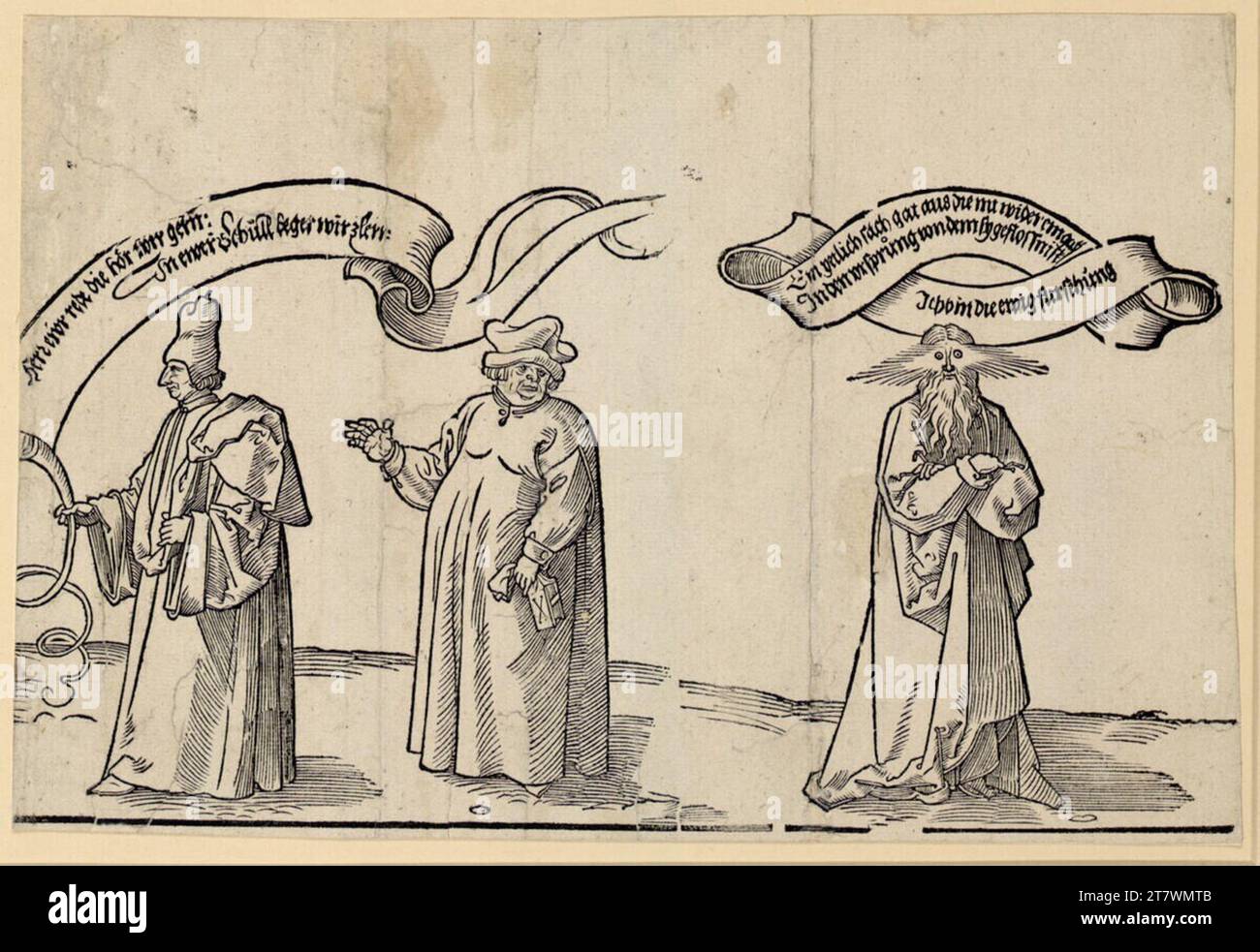 Albrecht Dürer der Teppich von Michelfeld; rechter Teil: Der Lehrer, der Klerus und das Ewige zum Anblick. Holzschnitt; Blatt wird nach 1521 gekürzt Stockfoto