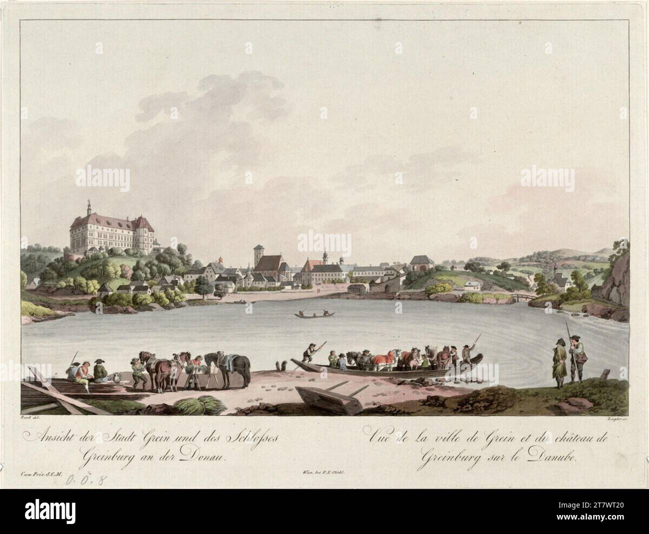 Ferdinand Runk Blick auf die Stadt Grein und Greinburg Castle. Ätzung, gefärbt um 1810 Stockfoto