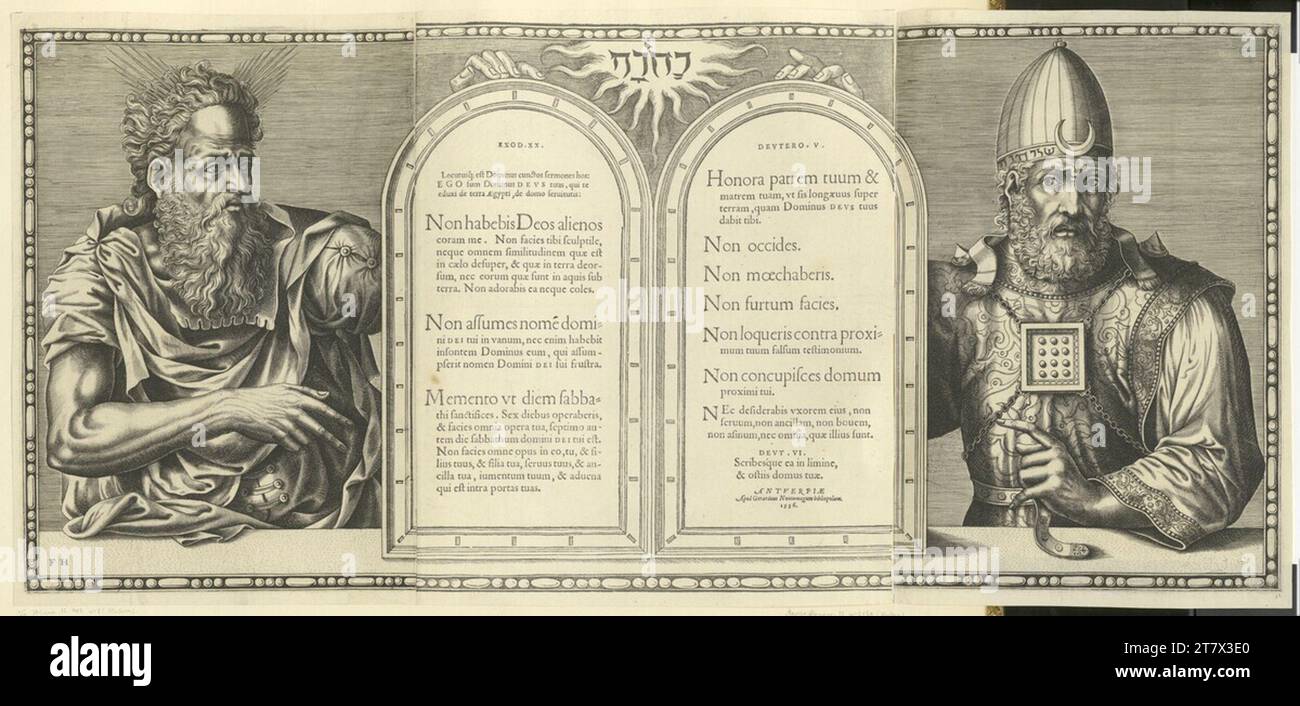 Frans Huys Moses und Aaron. Kupferstich (Seitenteile), Holzschnitt und Briefdruck (mittlerer Teil) Stockfoto