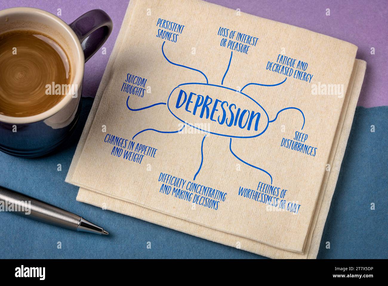Depressionen Infografiken oder Mindmap-Skizze auf einer Serviette, Konzept für psychische Gesundheit Stockfoto