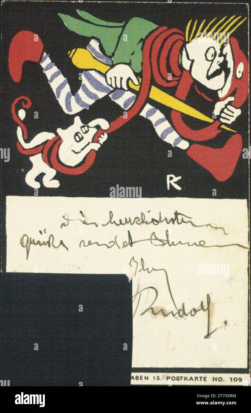 Rudolf Kalvach Postkarte Nr. 109 der Wiener Werkstätte: Kampf eines Mannes und einer Katze gegen eine Schlange. Farbe Stockfoto