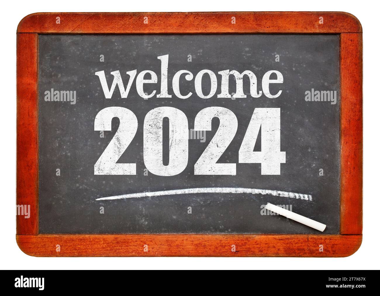 Willkommen 2024 - Neujahrskonzept auf einer Vintage-Schiefertafel isoliert auf weiß Stockfoto