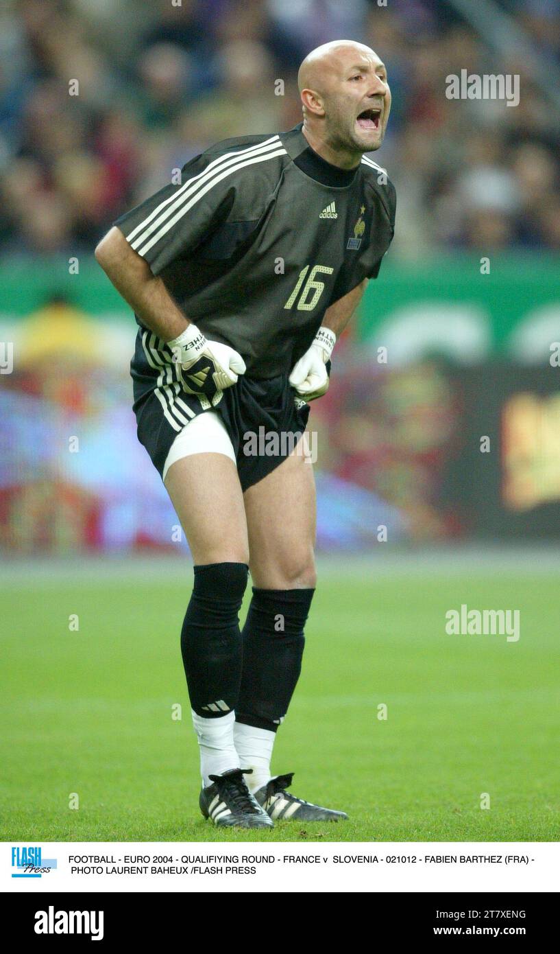 FUSSBALL - EURO 2004 - QUALIFIKATIONSRUNDE - FRANKREICH GEGEN SLOWENIEN - 021012 - FABIEN BARTHEZ (FRA) - FOTO LAURENT BAHEUX /FLASH PRESS Stockfoto