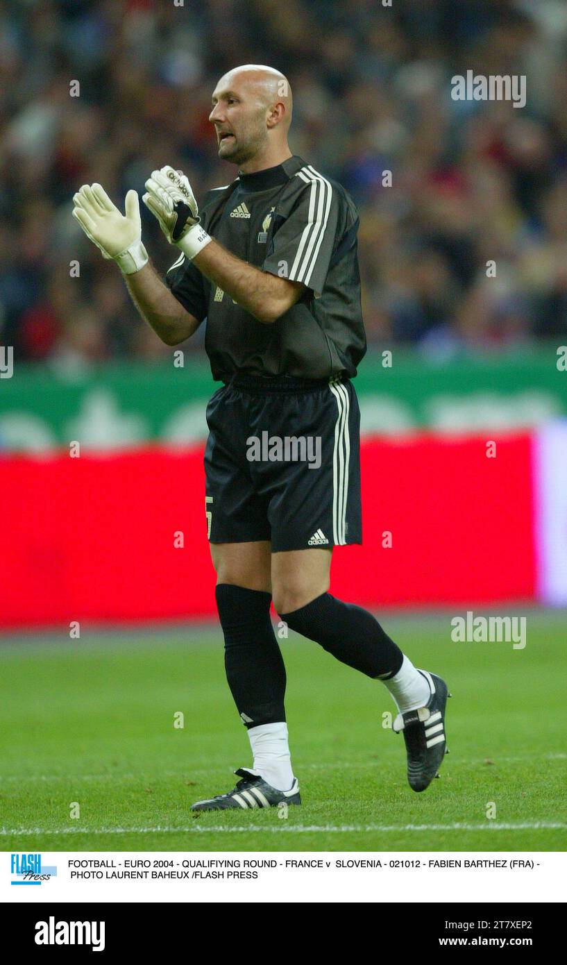 FUSSBALL - EURO 2004 - QUALIFIKATIONSRUNDE - FRANKREICH GEGEN SLOWENIEN - 021012 - FABIEN BARTHEZ (FRA) - FOTO LAURENT BAHEUX /FLASH PRESS Stockfoto