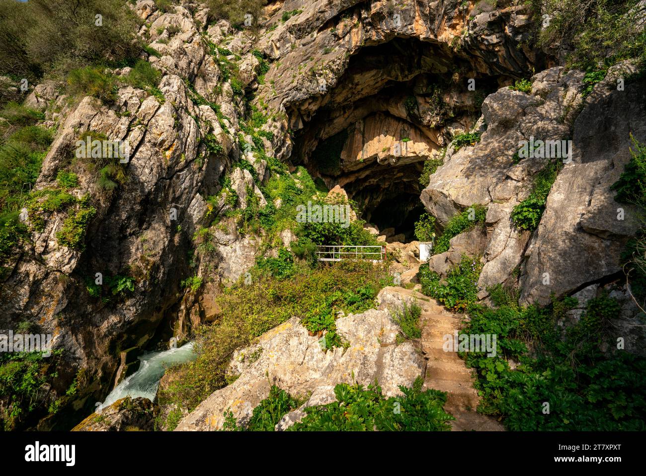 Cueva del Gato Höhle mit einem Wasserfall in Andalusien, Spanien, Europa Stockfoto