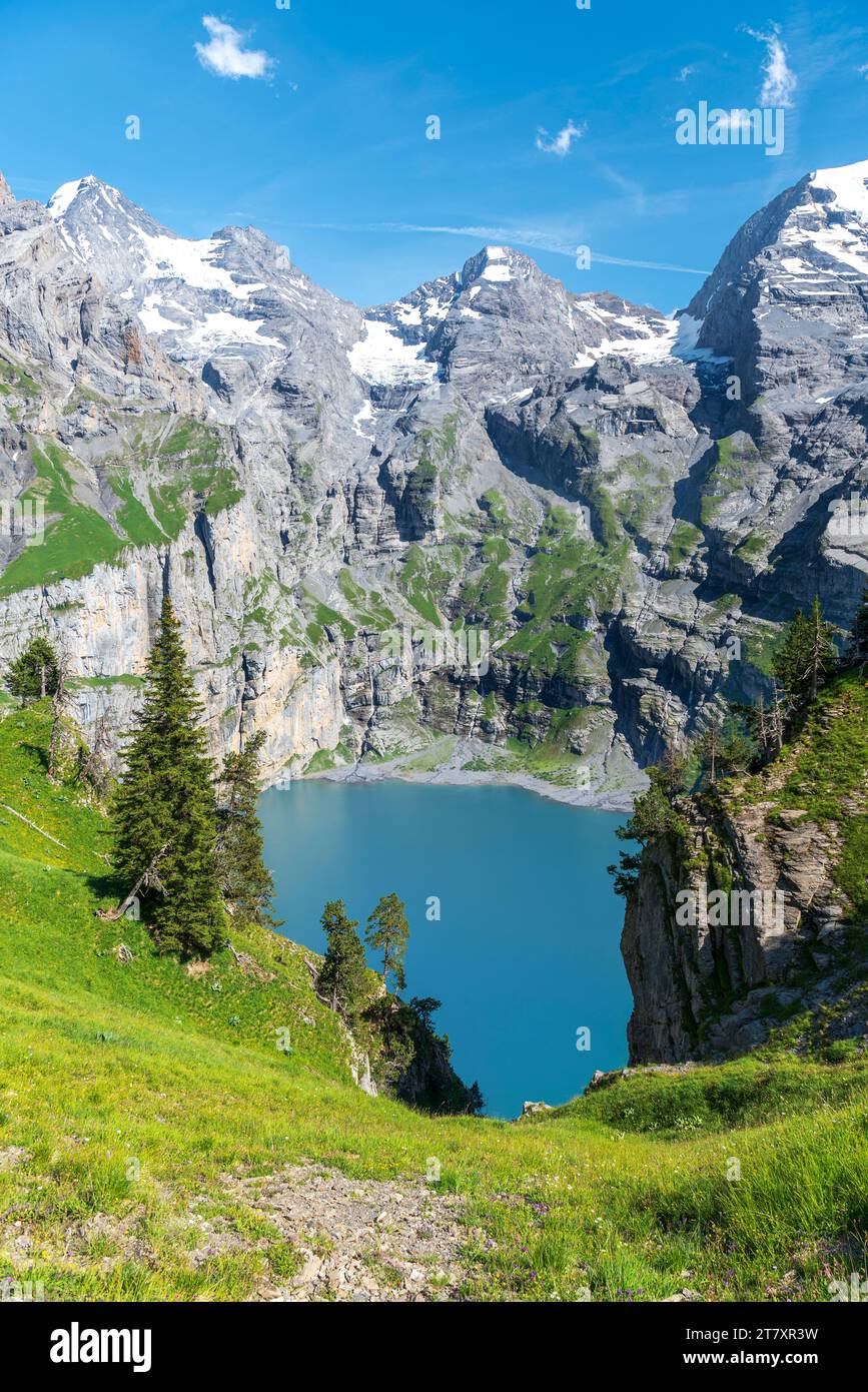 Blick auf das kristallklare Wasser des Oeschinensees, Oeschinensee, Kandersteg, Kanton Bern, Schweiz, Europa Stockfoto