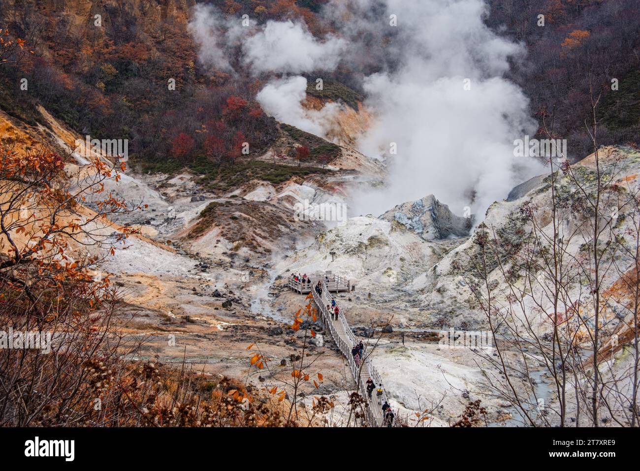 Pfad durch dampfende Schwefelgruben, Hell Valley, Shikotsu-Toya National Park, Noboribetsu, Hokkaido, Japan, Asien Stockfoto