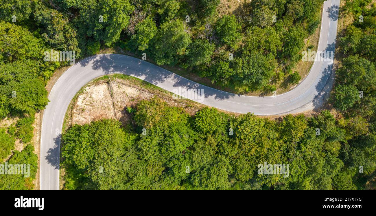 Erhöhter Blick auf die Straße, die sich durch Bäume schlängelt, in der Nähe von Borello, Emilia Romagna, Italien, Europa Stockfoto