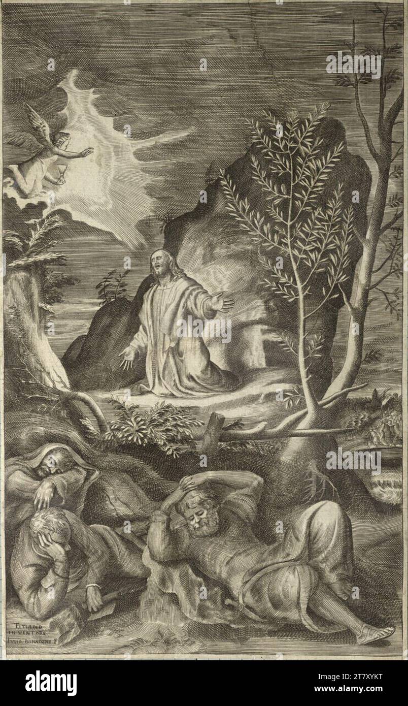 Giulio Bonasone Christus auf dem Ölberg. Kupfergravur Stockfoto