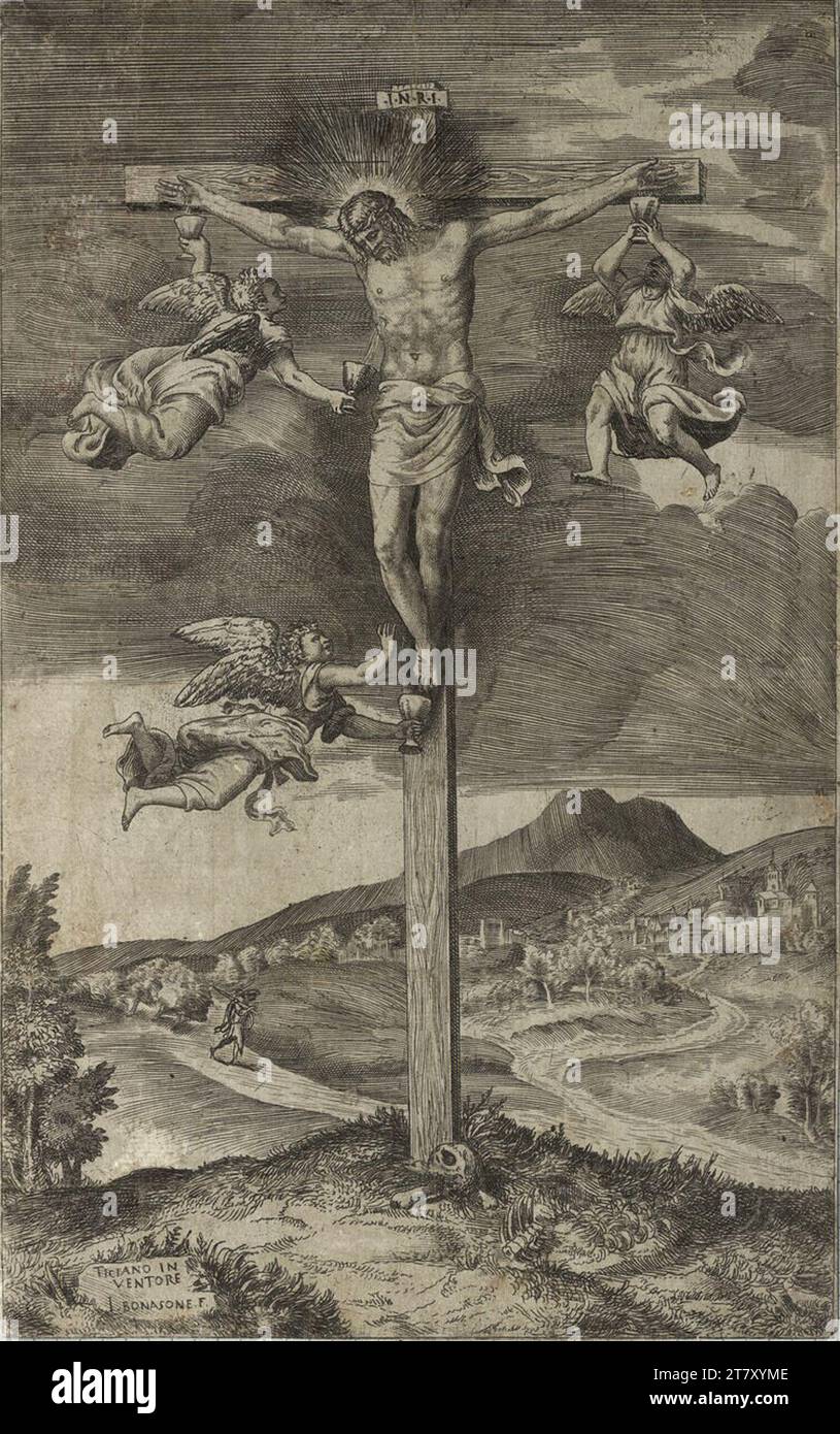 Giulio Bonasone, die Kreuzigung Christi. Kupfergravur Stockfoto