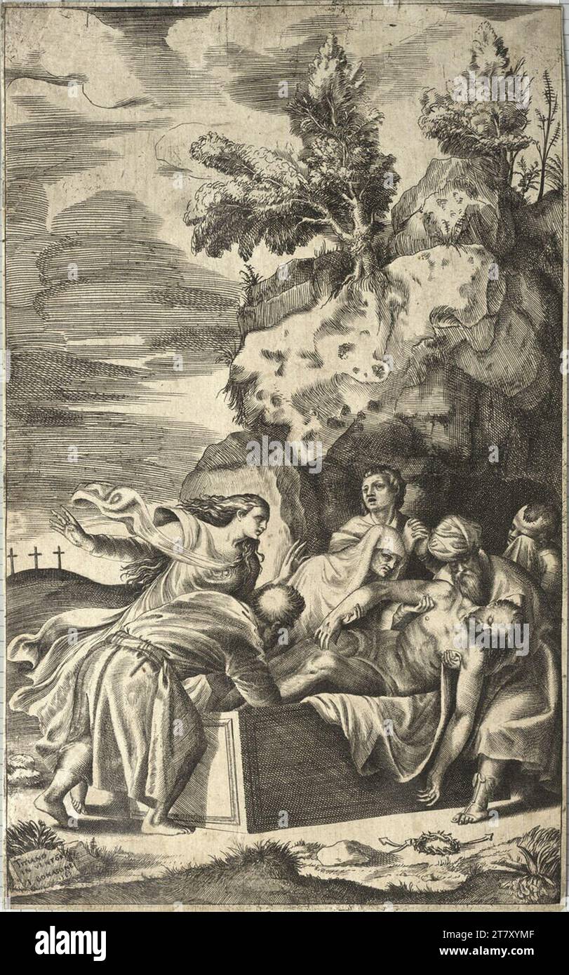 Giulio Bonasone, das Begräbnis Christi. Kupferstich 1563 , 1563 Stockfoto