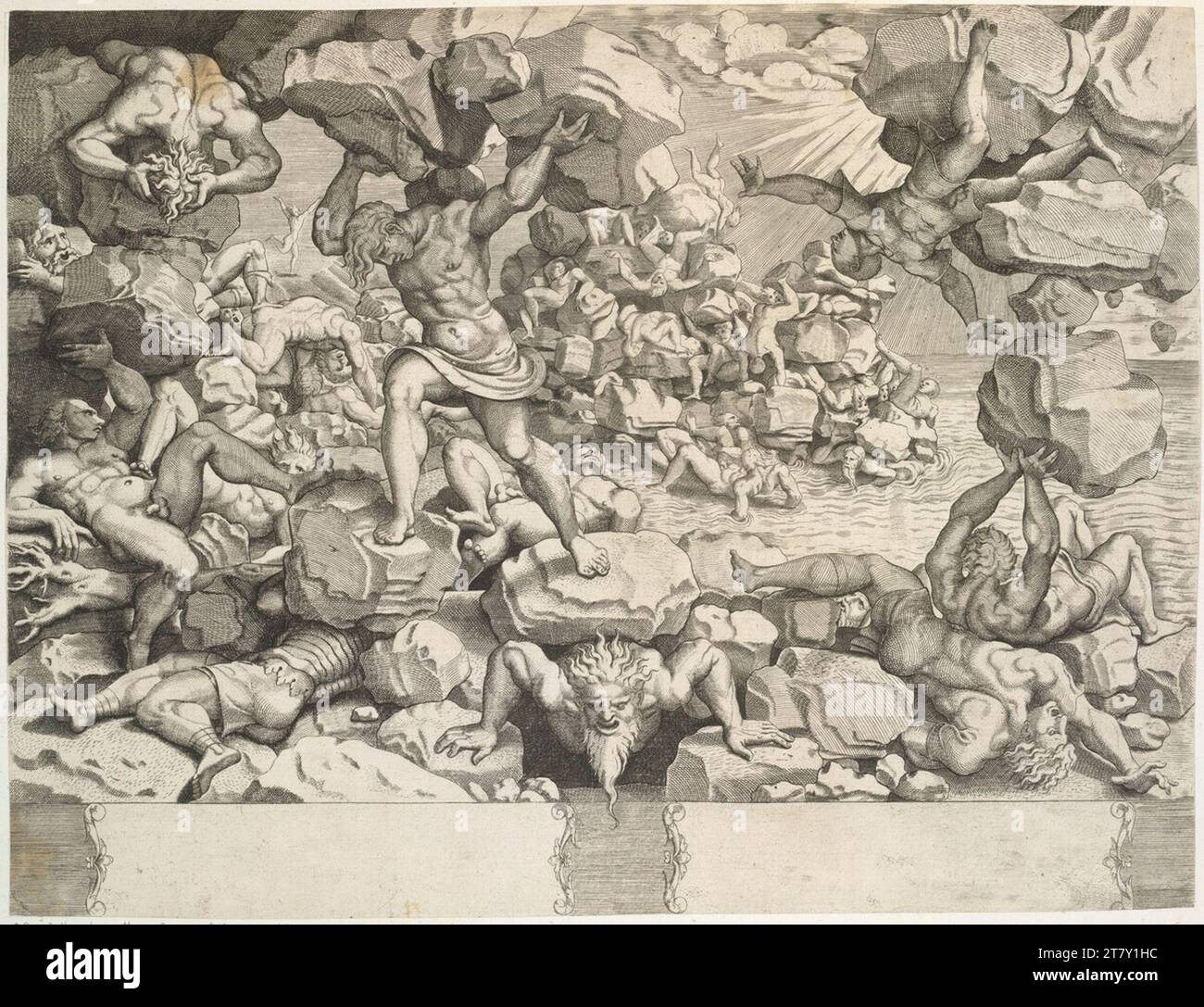 Cornelis Bos (Workshop) Giants Fall. Kupferstich um 1540 Stockfoto