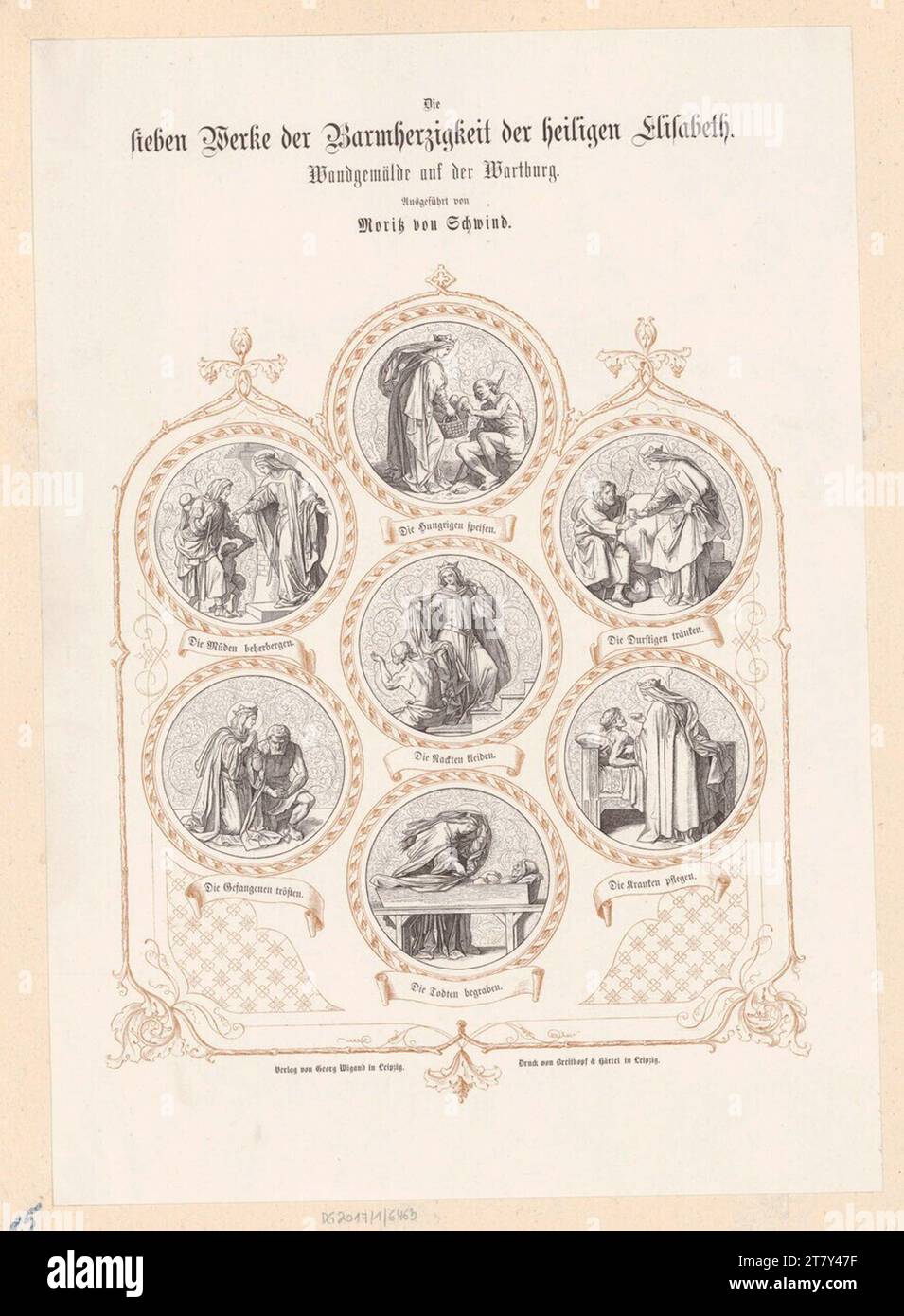 Moritz von Schwind die sieben Werke der Gnade der Heiligen Elisabeth. Wandmalerei auf der Wartburg. Holzstich 1853-1858 , 1853/1858 Stockfoto