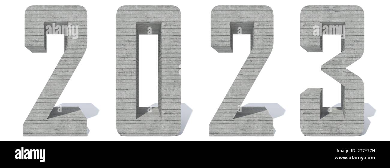 Konzeptionelle 2023 Jahre aus rauer Betonschriftart isoliert auf weißem Hintergrund. Eine abstrakte 3D-Illustration als Metapher für die Zukunft, Vision Stockfoto