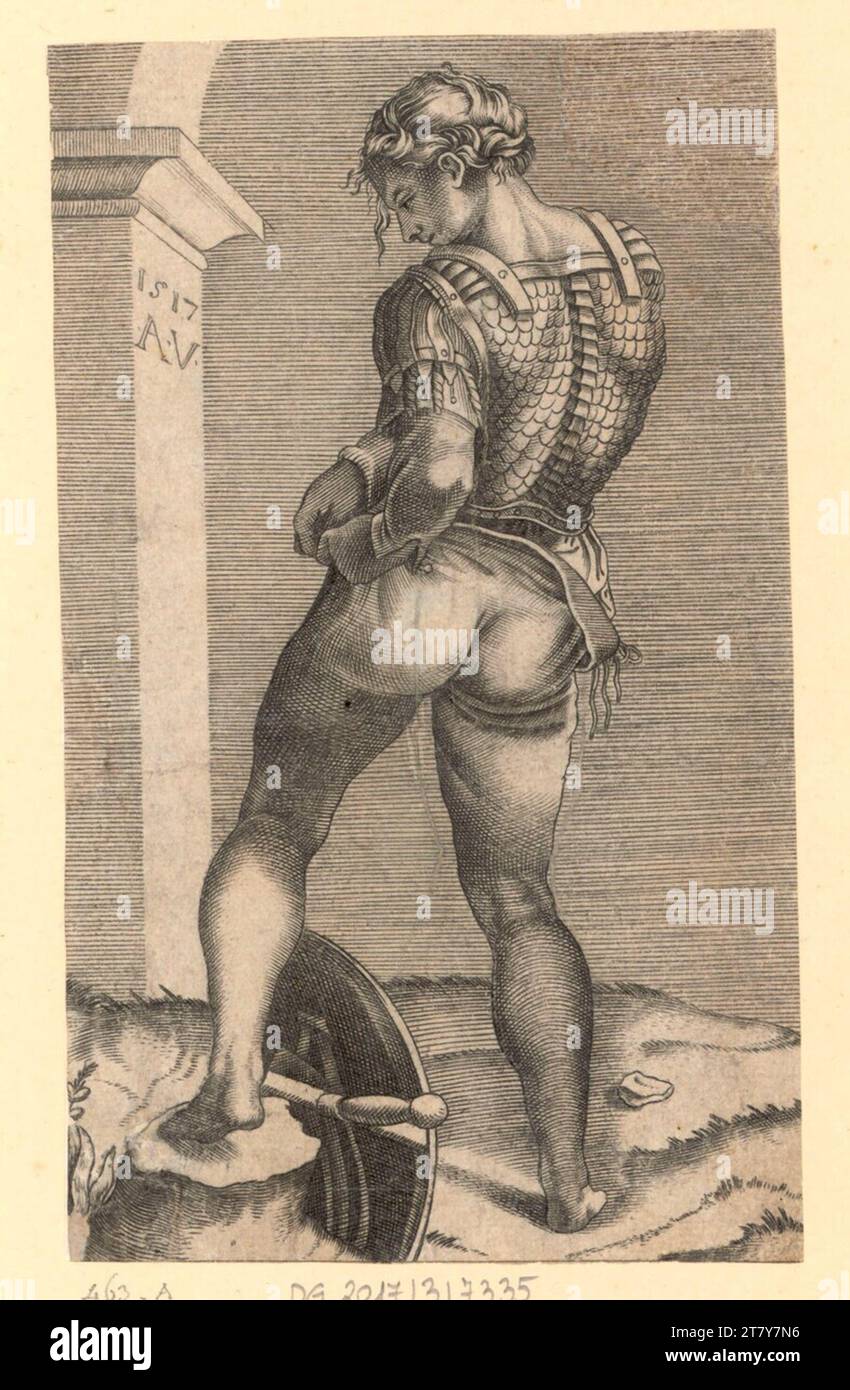 Agostino Veneziano, Ein Soldat, hängt seine Hose an. Kupferstich 1517 , 1517 Stockfoto
