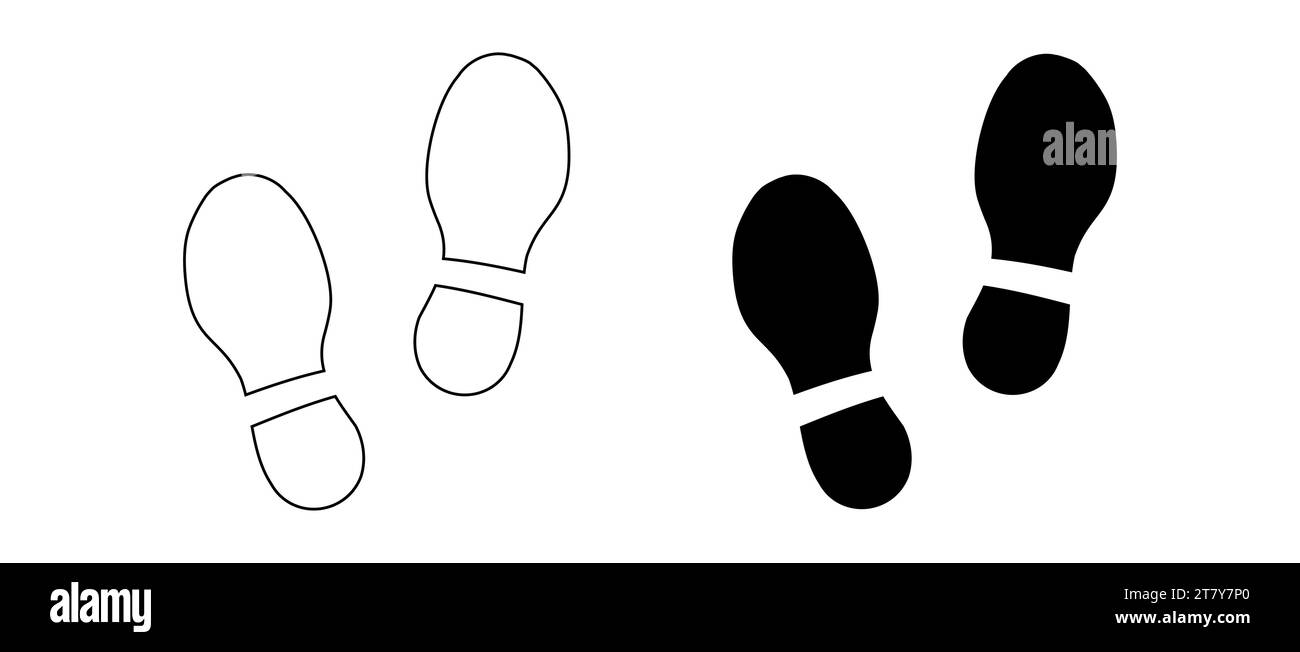Fußabdrücke von menschlichen Schuhen. Ein Paar Stiefel. Linkes und rechtes Bein. Schuhsohle. Fußtreppen zu Fuß. Silhouette und Kontur. Schwarzer Vektor isoliert auf weiß. Symbol, Symbol, Piktogramm. Stock Vektor