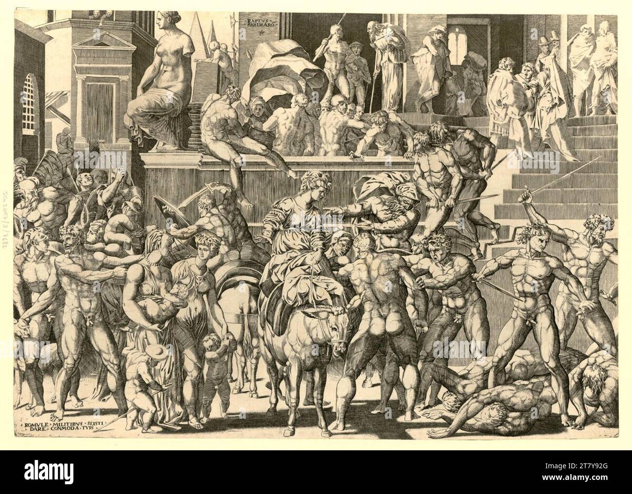 Giovanni Giacomo Caraglio (Gravierer) der Kampf zwischen den Römen und den Sabinern. Kupferstich 1527 , 1527 Stockfoto