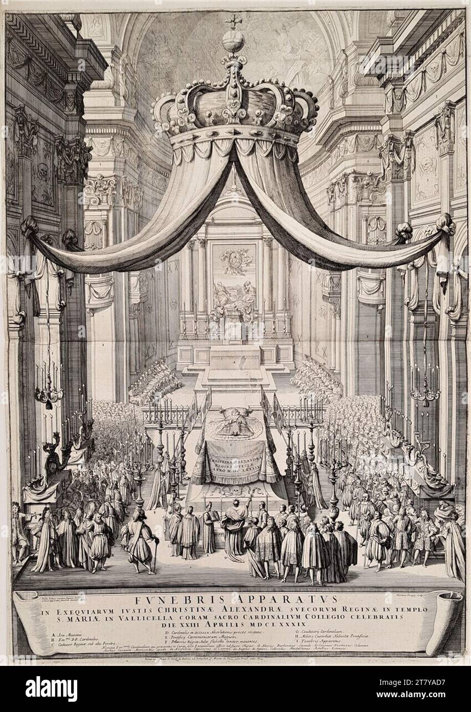 Nicolas Dorigny (Radierer in) Parade Katafalk mit dem Leichnam der Königin Christina von Schweden in der Kirche S. Maria in Vallicella in Rom am 23. April 1689. Ätzen auf Papier 1689, 1689 Stockfoto