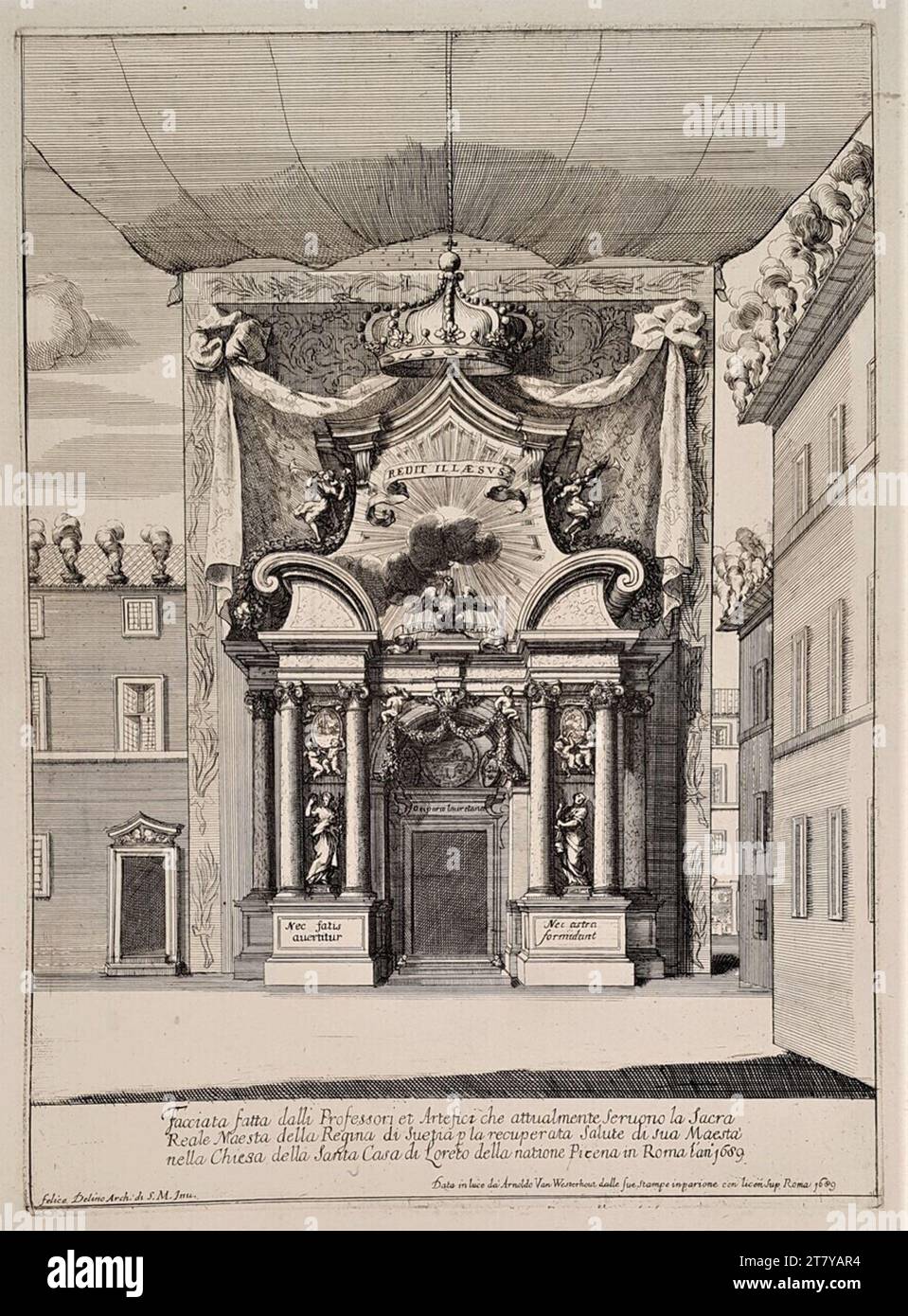 Arnold van Westerhout (Gravierer) Vorderfassade der Kirche San Salvatore in Lauro mit festlicher Dekoration anlässlich der Wiedererlangung der Königin Christina von Schweden im März 1689. Kupferstich und Kupferstich auf Papier 1689 , 1689 Stockfoto