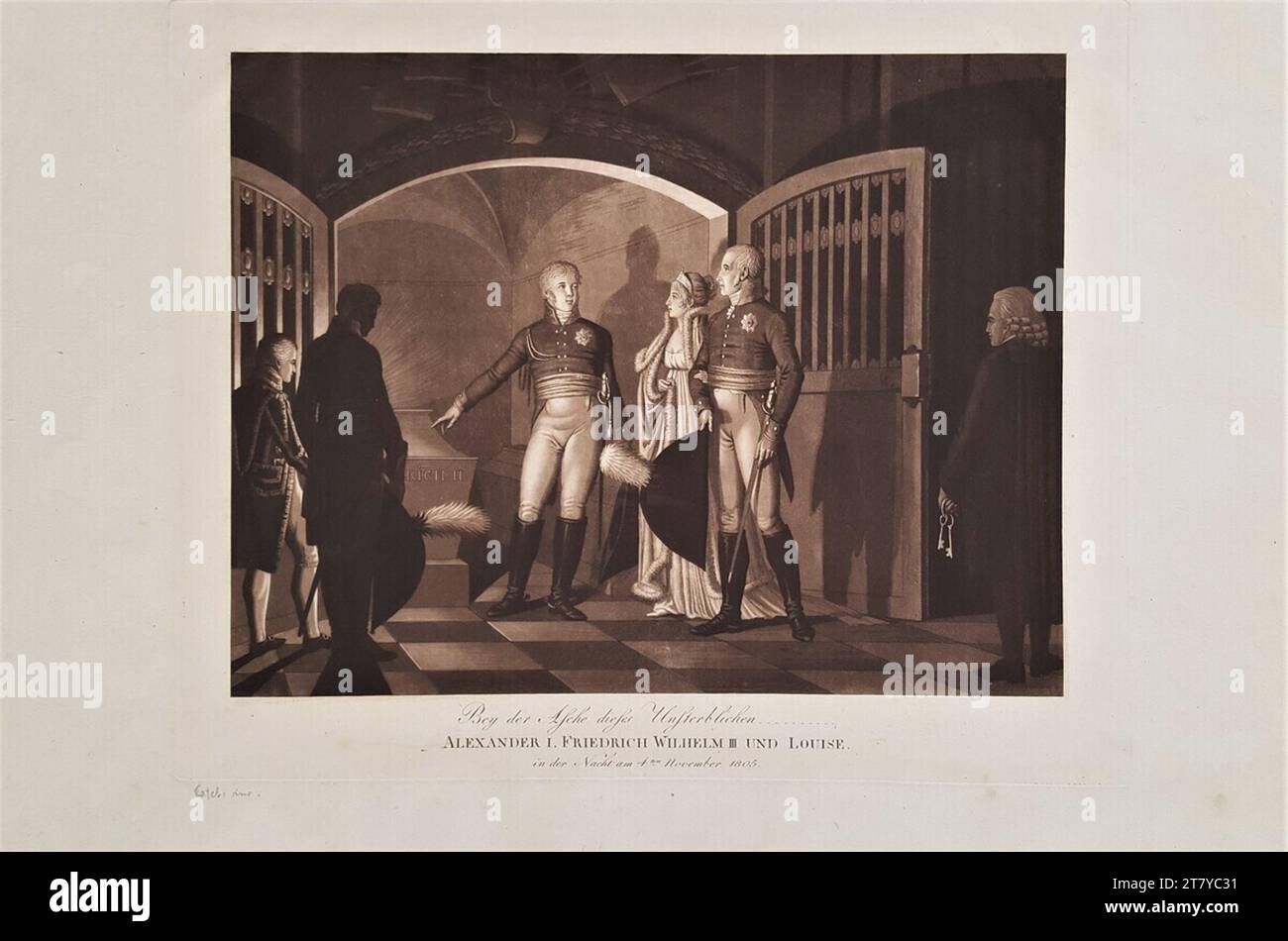 Anonym König Friedrich Wilhelm III Mit seiner Frau Luise und Kaiser Alexander I. von Russland auf dem Sarg des preußischen Königs Friedrich II. In Potsdam 1805. Aquatint in Braun auf Papier um 1805/06 Stockfoto