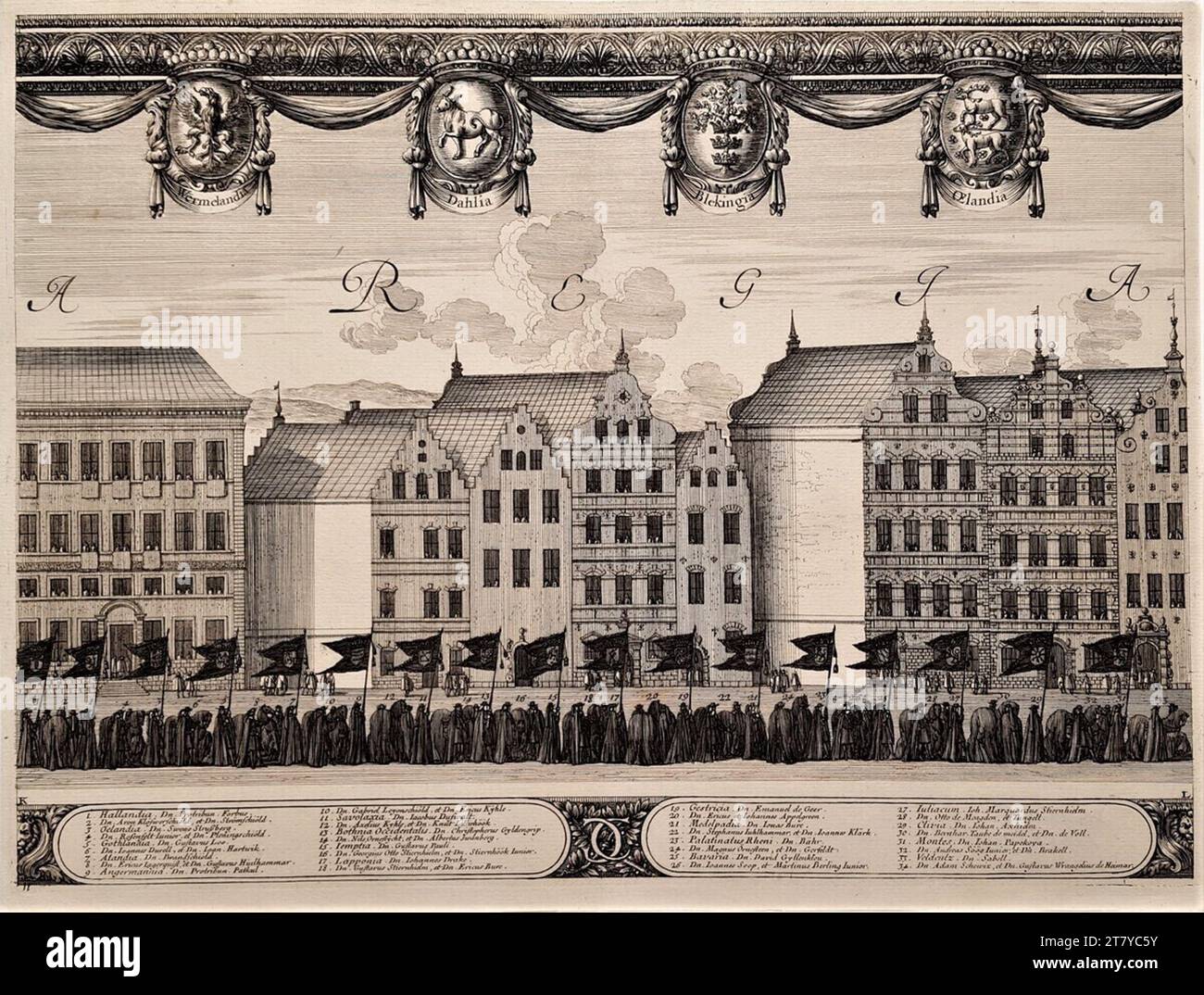 Anonym (Radierer_in) Begräbnisfeier für König Karl X. Gustav von Schweden am 3. November 1660 in Stockholm: Tafel 11. Ätzen auf Papier 1696, 1696 Stockfoto