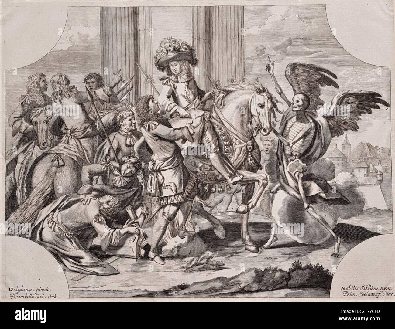 Karl Dauphin Tod stoppt den Lebenslauf und die Herrschaft des Herzogs Karl Emanuel II. Von Savoyen (Supraporte auf dem Turiner Dom während der Begräbnisfeier 1675). Kupferstich und Kupferstich auf Papier 1676 , 1676 Stockfoto