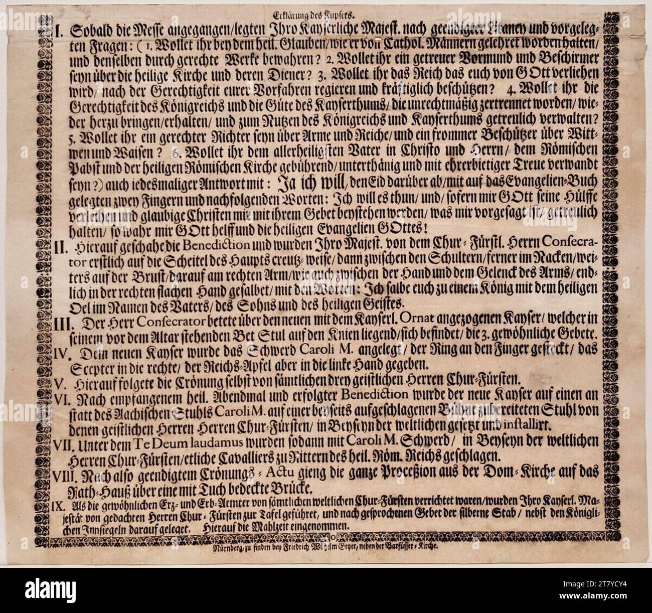 Friedrich Wilhelm Geyer (Verleger in) Textlegende zu: "Illustration der prächtigen Krönung ... Franciscus I zu Franckfurt am Mayn am 4. Oktober 1745. Spaltenförmiger Text im Schriftdruck mit Kantenbeschnittstreifen 1745 , 1745 Stockfoto