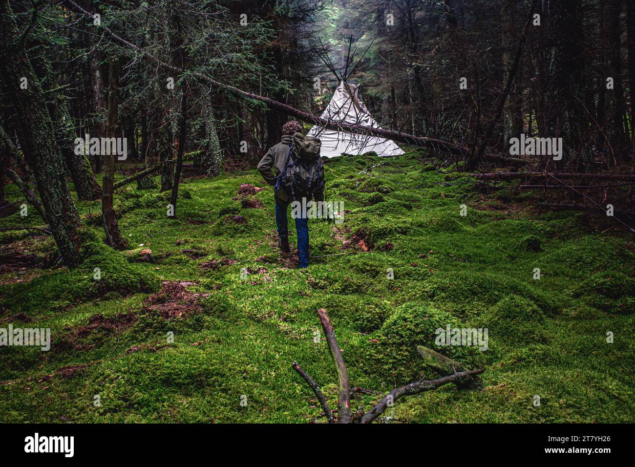 Rückansicht eines Mannes, der mit Rucksack in Richtung Tipi-Zelt in Natur- und Waldlandschaft geht Stockfoto