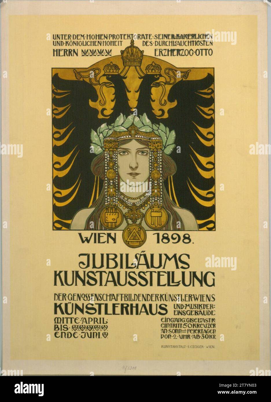 Heinrich Lefler Wien 1898. Bekanntgabe der Genossenschaft Wien; Künstlerhaus und Musikvereinsgebäude; Mitte April bis Ende Juni. Farbe 1898 , 1898 Stockfoto