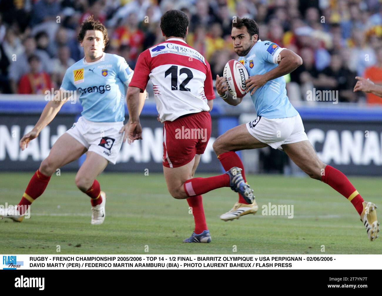 RUGBY - FRANZÖSISCHE MEISTERSCHAFT 2005/2006 - TOP 14 - 1/2 FINALE - BIARRITZ OLYMPIQUE GEGEN USA PERPIGNAN - 06/2006 - DAVID MARTY (PER) / FEDERICO MARTIN ARAMBURU (BIA) - FOTO LAURENT BAHEUX / FLASH PRESS Stockfoto